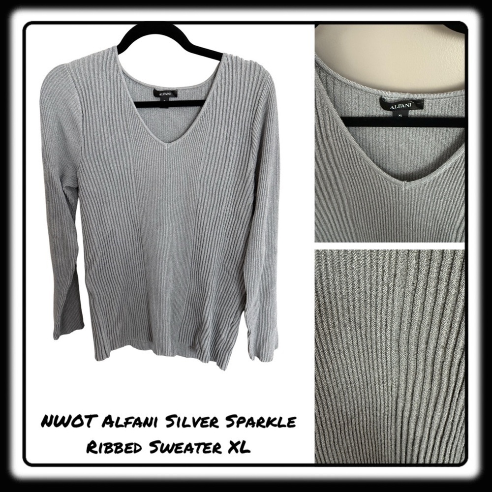 NWOT Alfani Silver Sparkle Ribbed V-Neck Sweater XLarge Get your “Shimmer On”